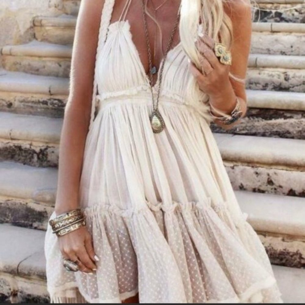 New Backless Boho Mini Dress Halter Tie Layered Swiss Dot Babydoll - Picture 2 of 12